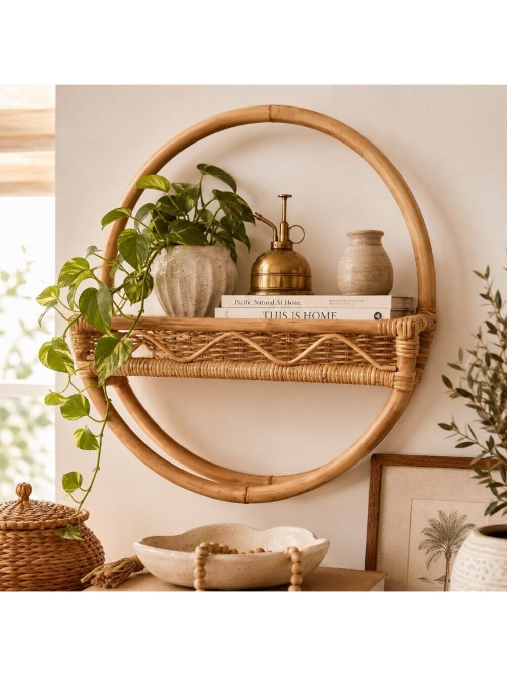 Vintage Round Rattan Wall Shelf 19" Boho Bamboo Hanging Shelf Coastal Wicker